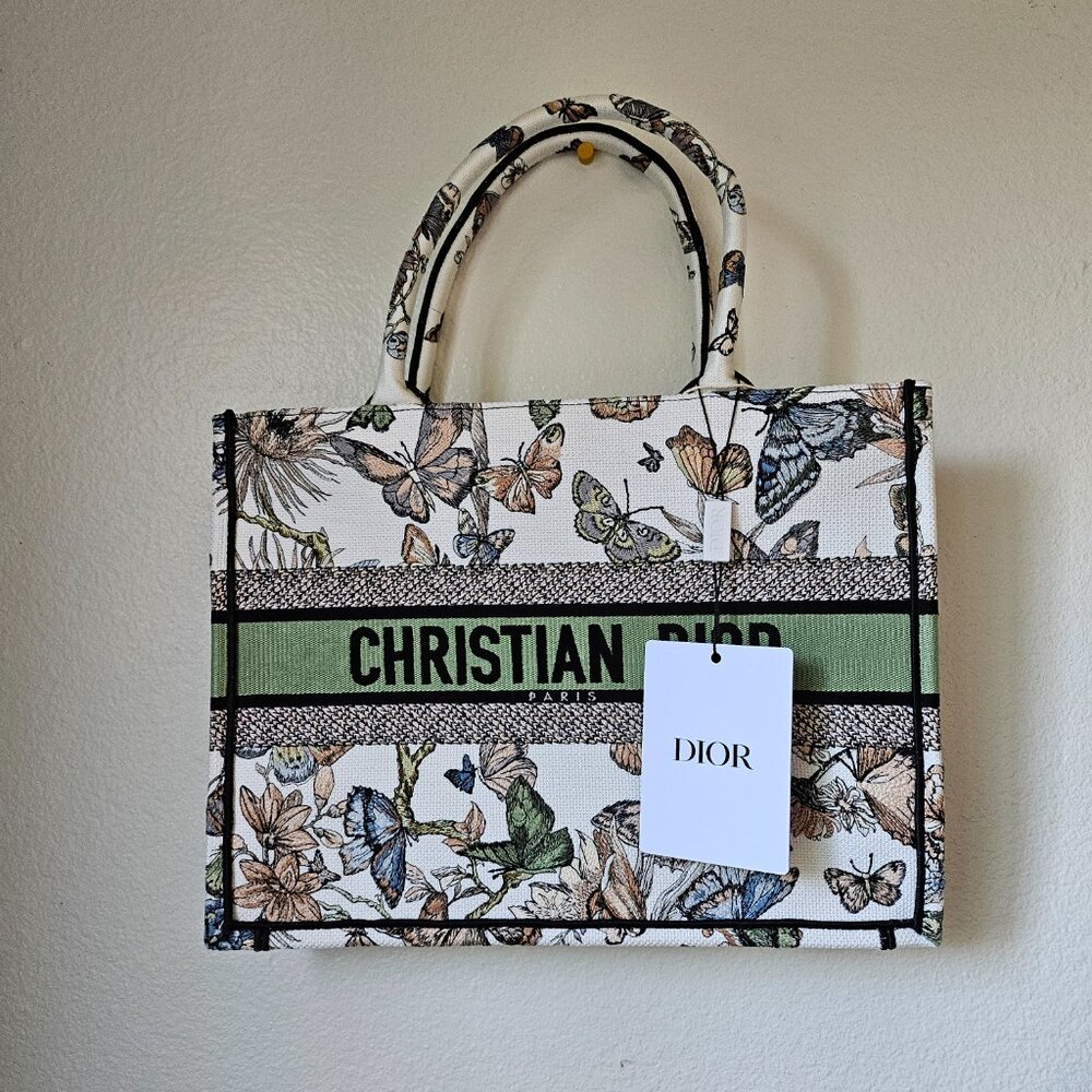 NWT Dior Medium Book Tote White Toile De Jouy Embroidery Butterfly
